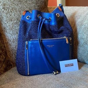 Henri Bendel Navy woven and leather bucket bag
